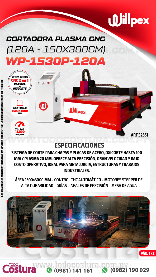 CORTADORA PLASMA CNC 2 EN 1 (120A - 150X300CM) WILLPEX WP-1530P-120A